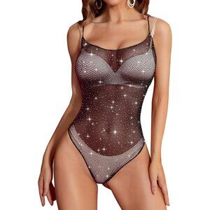 Women Black 1 Lingerie Fishnet Teddy Sparkle Rhinestone One Piece Mesh Bodysuit